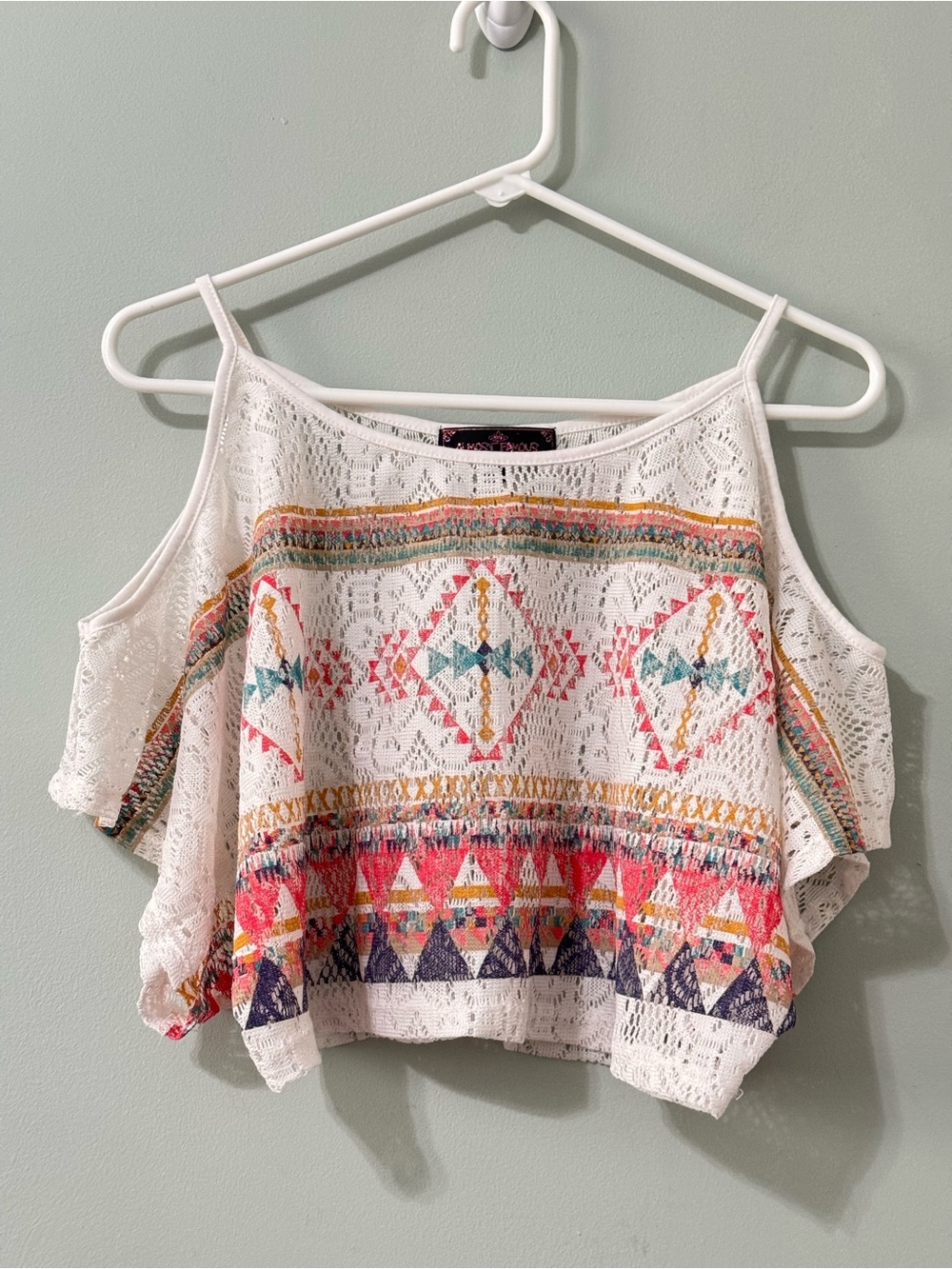 Almost Famous White Sheer Lace Aztec Cropped Top Cold Shoulder Size S